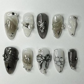 Hebterrka 24 Stück 3D Fake Nails Schwarz Mit Design, Künstliche Nägel Zum Aufkleben In 12 Größen, Inkl. 24 Jelly Glues, Nagelfeile Und Holzstick
