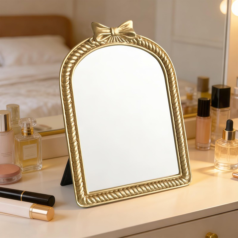 Gold Bow Resin Frame Mirror, Dual-Use Tabletop & Wall Mounted