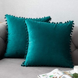 DEZENE Throw Pillow Cases 18x18 Teal: 2 Pack Cozy Soft Pom-poms Velvet Square Decorative Pillow Covers for Farmhouse Home Decor