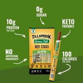 Tillamook Country Smoker 100% Grass Fed Beef Sticks, Zero Sugar, Jalapeno, 1.15 Ounce (Pack of 8) Whole 30, Non GMO Clean Meat Snacks, Low Carb, High Protein, Gluten Free, Individually Wrapped