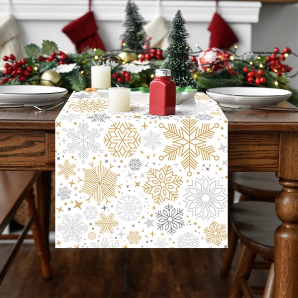 Mondiafy Christmas Table Runner Snowflake Merry Christmas Table Runner 13x72 Long Burlap Xmas Holiday Kitchen Dining Table Decoration
