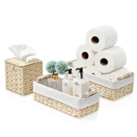 Sorbus Paper Rope Bathroom Baskets & Tissue Holder Set - Decorative Wicker Baskets for Bathroom Shelves - Lined Storage Set for Organizing Toilet Tank Top - Store Washcloths, Hand Towels, Skincare