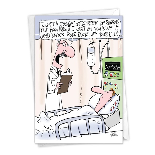 NobleWorks - Funny Get Well Greeting Card with 5 x 7 Inch Envelope (1 Card) Sponge Surgery C6081GWG