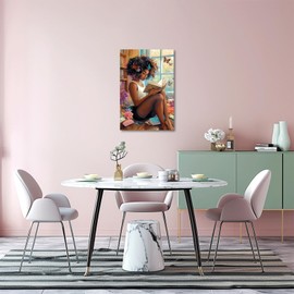 XLMDYYSW African American Wall Art Colourful Black Girl Reading Book Pictures Black Woman Canvas Prints Watercolor Butterfly Painting for Bedroom Decor Framed (Black, 18L x 12W)