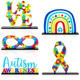 Haooryx Autism Awareness Table Centerpiece - 10Pcs Autism Awareness Wooden Table Topper Centerpiece Decoration April Puzzle Pieces Letter Sign Party Desktop Wood Craft Onference Encourage Charms Decor