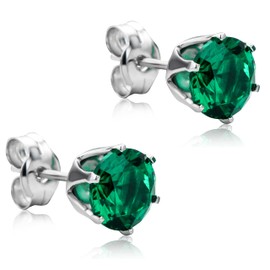 Orovi Women Jewelry 14K (585) White Gold Round Emerald Classic everyday Stud Earrings