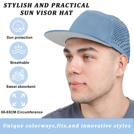 XXL Flat Brim 5 Panel Hats for Men Performance Snapback Hats Quick Dry Laser Perforated Trucker Hat for Big Head Gray Blue
