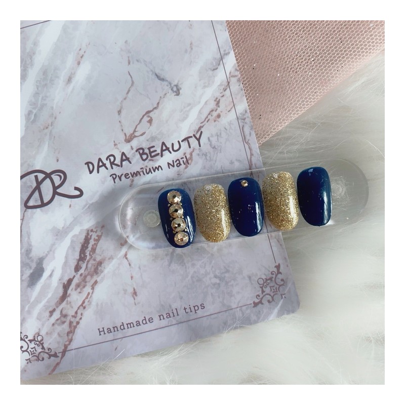[Handmade Nail Tips] Gold Glitter Navy Stone Nails / [수제네일팁]