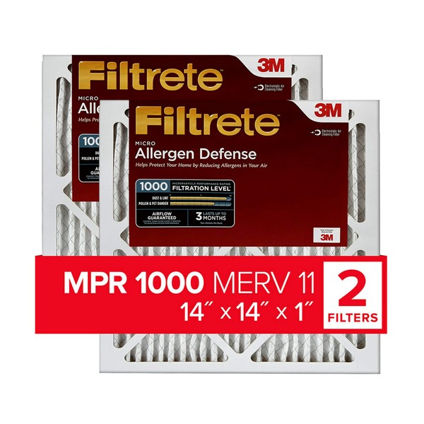 Filtrete 14x14x1 Air Filter, MPR 1000, MERV 11, Micro Allergen Defense 3-Month Pleated 1-Inch Air Filters, 2 Filters
