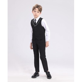 LOLANTA 4 Piece Kids Waistcoat Suit, Boys Wedding Party Suit, Page Boy Formal Outfit, Vest Pants Shirt Bow Tie(11-12 Yrs, Black, Tag Size 160)