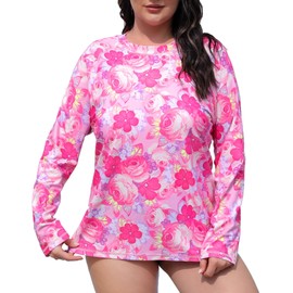 Halcurt Womens Plus Size Long Sleeve Rash Guard Swim Top with Built in Bra Loose Fit UPF50+ Sun Protection Swimsuit Red Floral 3X