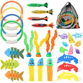 34P Diving Toy Children's Party Bag, Pool Diving Toy Set, Jellyfish + Dolphins + Circles + Ocean Gemstones + Herringbone + Seaweed + Fish Mines + Net Bags, for Outdoor Beaches Pool Party Gift