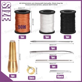 Swpeet 10Pcs Portable Copper Handle Canvas Leather Sewing Awl Needle and 3 Colors Nylon Waxed Thread Cord with Thimble Assortment Kit, Leather Sewing Tools for Canvas, Shoe and Leather Repair