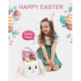 Foyftain Easter Bunny Basket for Kids – Perfect for Egg Hunts Easter Baskets for Girls & Boys Easter Basket Stuffers (White-Rainbow Ear)