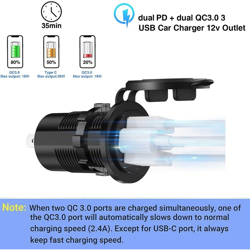 4 Ports 12V USB Outlet with ON OFF Switch Dual