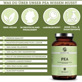 QIDOSHA® Palmitoylethanolamid PEA Kapseln hochdosiert, 180 Kapseln im Apothekerglas, mikronisiert, 1200mg PEA je Tagesportion, deutsche Fertigung, jede Charge laborgeprüft, plus Leucin