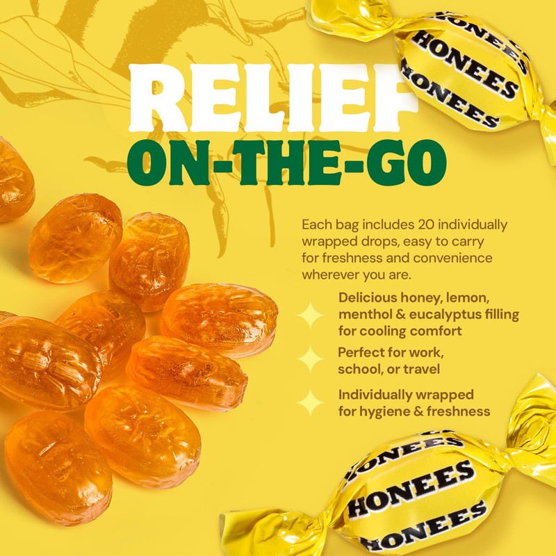 Honees Filled Honey Lemon Cough Drops- Filled with Honey, Menthol,
