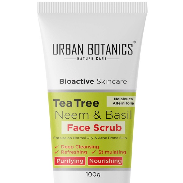 UrbanBotanics Tea Tree, Neem & Basil Face Scrub For Women & Men - Deep Cleansing, Tan Removal, Glowing Skin - 100g