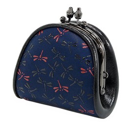 Indenya 7518 Inden Coin Purse, Deer Leather, Dragonfly Pattern, Navy Blue Base x Black Red Lacquer, Navy, Black, Red
