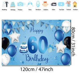 60th Birthday Decorations Happy 60th Birthday Backdrop for Men and Women Photography Background 120cm Birthday Decorations Party Banner Photo Booth Props, Blue