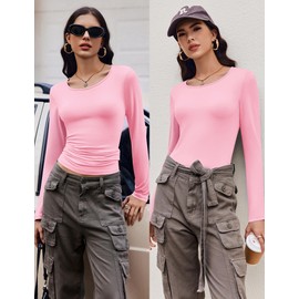 Ekouaer Long Sleeve Shirts for Women 3 Pack Scoop Neck Fitted Tops Thermal Undershirt Stretch Base Layer Soft Tee Pink/White/Black M