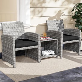 KOTEK 3 Piece Patio Furniture Set, Outdoor Wicker Patio Chairs with Cushions & Storage Table, PE Rattan Bistro Set for Porch, Backyard, Balcony (Black)