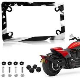 Motorcycle American Flag License Plate Frame - 4 Holes Stainless Steel Black Matte Stripe US Flag Gloss Patriotic License Plate Frame Holder Covers for Motorcycle
