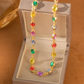 Gold-tone Choker Necklaces for Women Multi-Colored Gemstones Collarbone Chain Statement Chunky Charm Necklace Wedding Bridesmaid Party Jewelry Gifts(N503A)