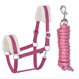 JA Horse Faux Fur Halter Lead Rope Set with Carabiner Hook Adjustable Horse Halter Horse Wooden Horse Tie Rope (Faux Fur Snap Hook Pink, Pony)