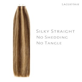 Lacer Hair Remy Tape in Human Hair Extensions Natural Hair Dip Dyed Highlight #4/12 Dark Brown to Golden Brown Seamless PU Skin Weft Double Side Hair Extensions Tape in 50g 20pcs/set 16 inch