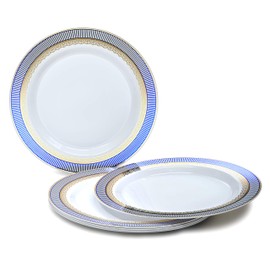 " OCCASIONS " 150pcs set (25 Guests)-Wedding Plastic Plates & cutlery -Disposable heavyweight Dinnerware 10.5'', 7.5'' + Silverware w/double fork (Louvre White w/Blue & Gold)