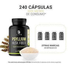 Fibra de Psyllium Husk (Plantago Ovata) 240 Cápsulas 2000 mg por porción. Ingredientes Naturales. Psyllium Husk Fiber B Life