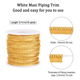 BENECREAT 10 Yard Metalic Gold Cord-edge Piping Trim 3/8 inch Inch Gold Flat Filigree Ribbon Braid for Dress Costume Sewing, Home Textile Decoration