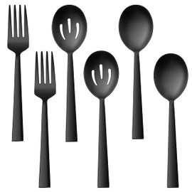 E-far Juego De Utensilios Para Servir De 6, Acero Inoxidable De 8.7 Pulgadas Con Borde Cuadrado, Cucharas Ranuradas Para Servir De Metal, Tenedores Para Fiestas, Buffet, Catering, Apto Para Lavavajill
