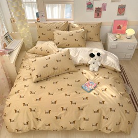 Bildenly Dachshund Duvet Cover Set Twin Size Khaki Sausage Dog Stripe Reversible Comforter Cover Cute Kawaii Puppy Dog Pet Animal Pattern Bedding Set with Zipper Closure and Pillowcase for Girls Boys