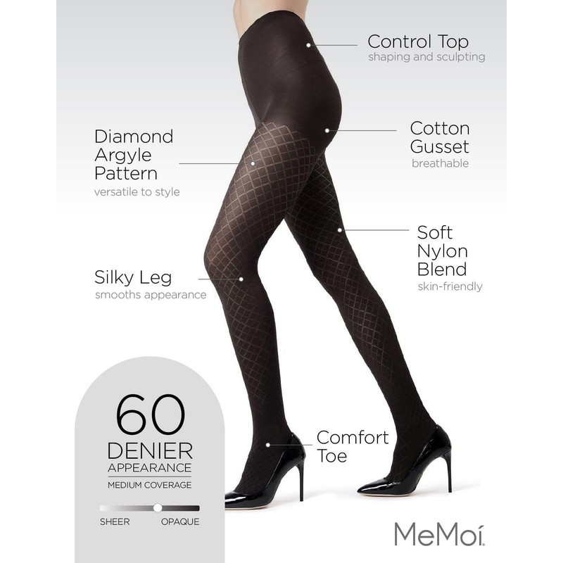 MeMoi Diamond Argyle Control Top Tights Black Large/X-Large