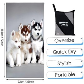 Zomer Beach Towel Large 90 x 180 cm Quick-Drying Microfibre Printed with Husky Puppy Motif