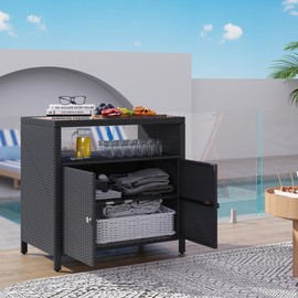 Outsunny Wicker Outdoor Storage Cabinet, Rattan Outdoor Bar Table with Acacia Wood Countertop, 2 Doors and Shelf, Buffet Cabinet Sideboard for Poolside, Garden, Patio, Backyard, Black