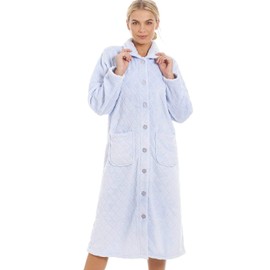 Camille Women's Super Soft Fleece Housecoat -Diamond Print Button Up Bathrobe - Long Sleeved and Side Pockets for Ultimate Comfort & Warmth Blue 10-12