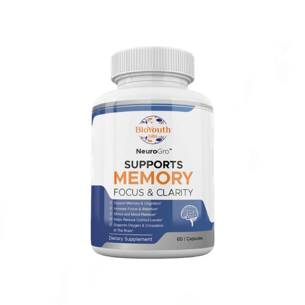 BioYouth Labs NeuroGro Natural Brain Supplement for Adults, 60 Capsules
