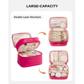 HBlife Double Layer Travel Makeup Bag Portable Cute Leather Cosmetic Bag Large Make Up Bag Makeup Case Organizer Toiletry Bag for Women Girls with Handle and Removable Divider(Hot Pink)