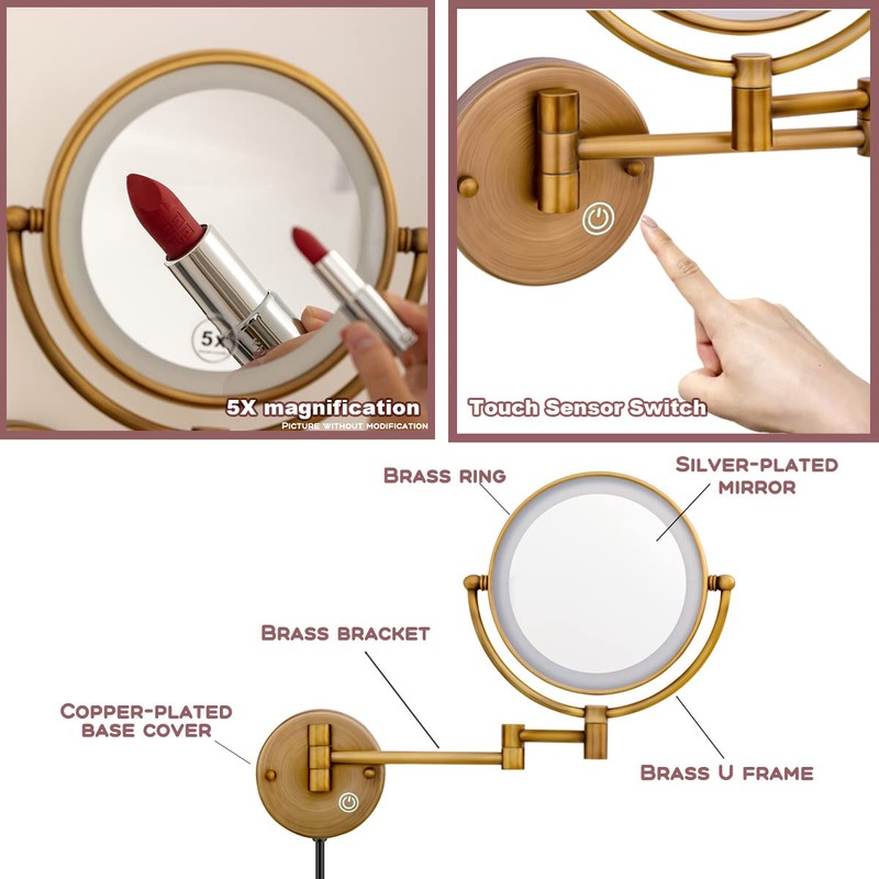 RECKODOR 8" Brass Wall Mount Makeup Mirror with Lights, 1X/5X
