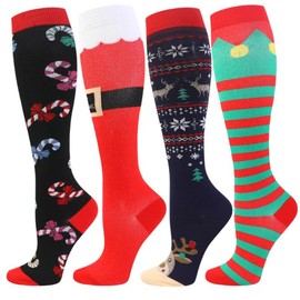 ISUNIE 4 Pairs Sport Socks Breathable Socks for Women&Men, Funny Pattern Knee High Socks for Athletic, Hiking, Daily, Running, Travel Casual Menswear Bestie - Color: Christmas Series 1, Size: Large-X-Large