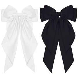 2 Pack Big Bow Hair Clips for Women - Long Silky Satin Ribbon French Barrettes, Solid Color Hairpin Clips with Metal Fastener for Girls, Party and Daily Use (Black + White)