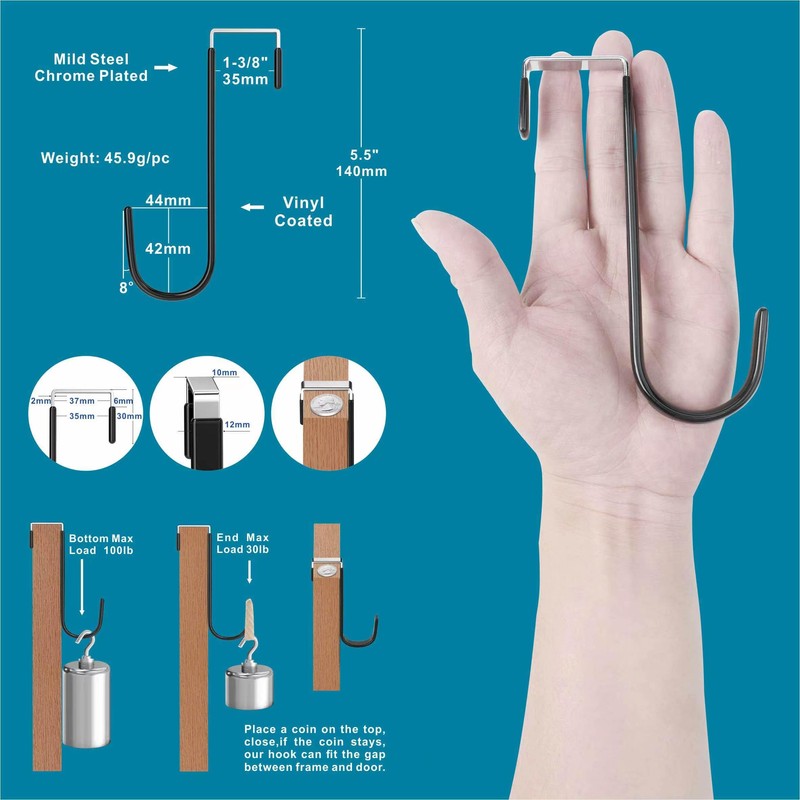 Over The Door Hooks 5.5" 4Pcs for 1 3/8" Door
