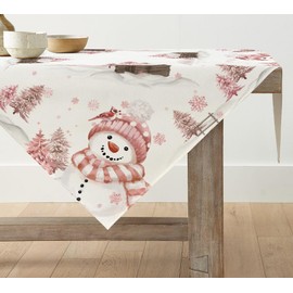 Artoid Mode Pink Snowman Trees Christmas Tablecloth, Table Linen, Winter Xmas Kitchen Table Decoration, Indoor, Holiday, Party Decor, 85 x 85 cm
