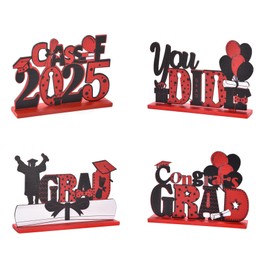 WIKHIA Graduation Party Decorations, 4 Pieces Class of 2025 Grad Congratulate Wooden Centerpieces, Table Toppers for High School College Graduation Party Prom Favor Supplies Photo Booth Props, Red