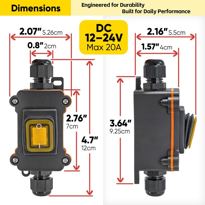 Waterproof Inline Rocker Switch Box DC 12V–24V 20A Lighted ON/Off