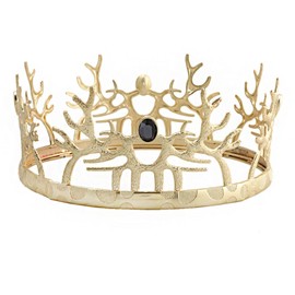 JORCEDI King Crown Medieval Retro Antler Round Crown For Wedding Cosplay Homecoming Prom Party Decorations (Gold With Black Stone)