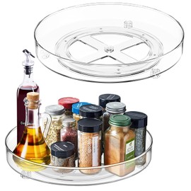 QIZENME Lazy Susan Turntable Cupboard Organiser, 2 Pcs Rotating Spice Rack Clear Cosmetic Makeup Organiser Spinning Kitchen Organiser for Cabinet, Pantry, Fridge, Countertop 23CM+27CM